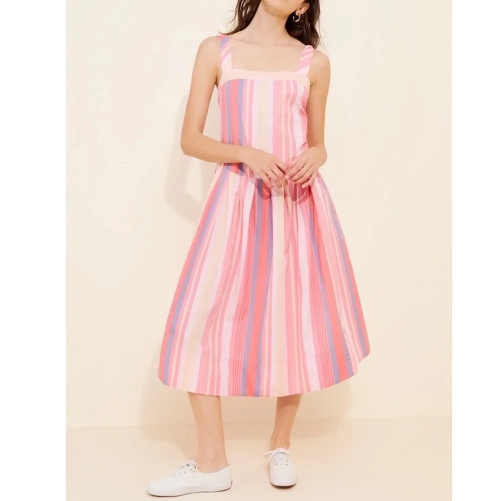 Free People NWT Primavera Cotton Tie Straps Stripe Midi Dress in Pink Size Large